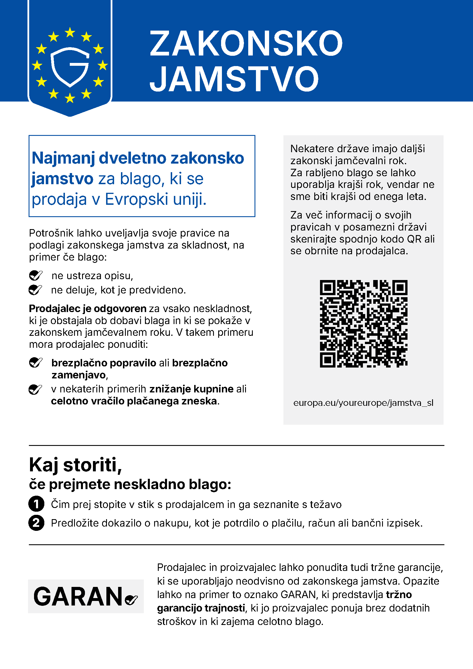 Obvestilo o zakonski garanciji – za blago, prodano v Evropski uniji, velja najmanj dveletno varstvo