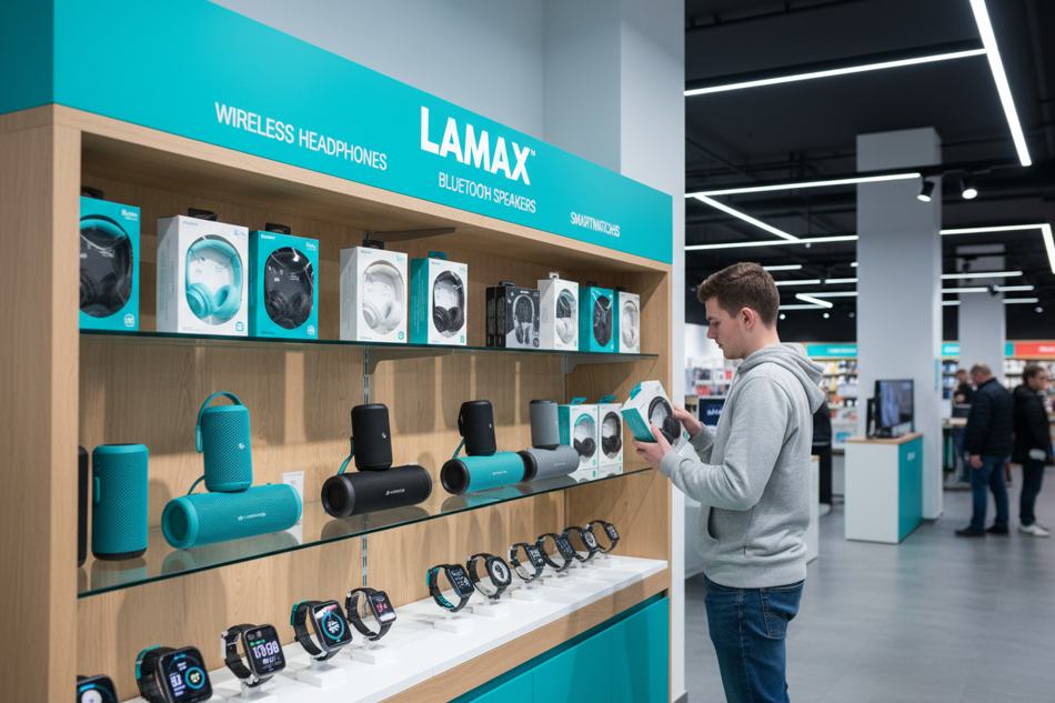 LAMAX regál v prodejně elektra